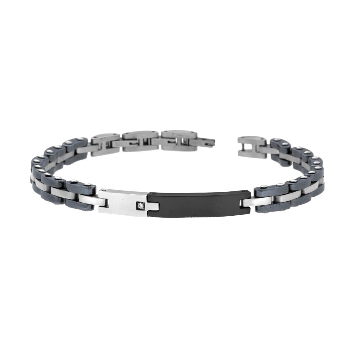 Bracciale Uomo Maglia Imperniata con Ceramica Antracite Targa Nera e Crystal Bianco in ACCIAIO