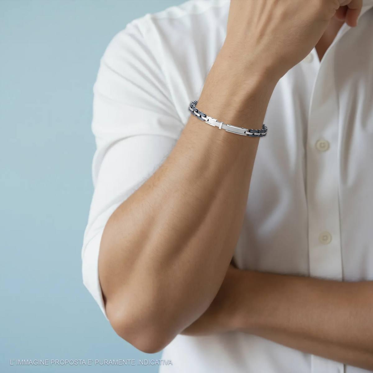 Bracciale Uomo Maglia Imperniata con Ceramica Antracite e Targa in ACCIAIO