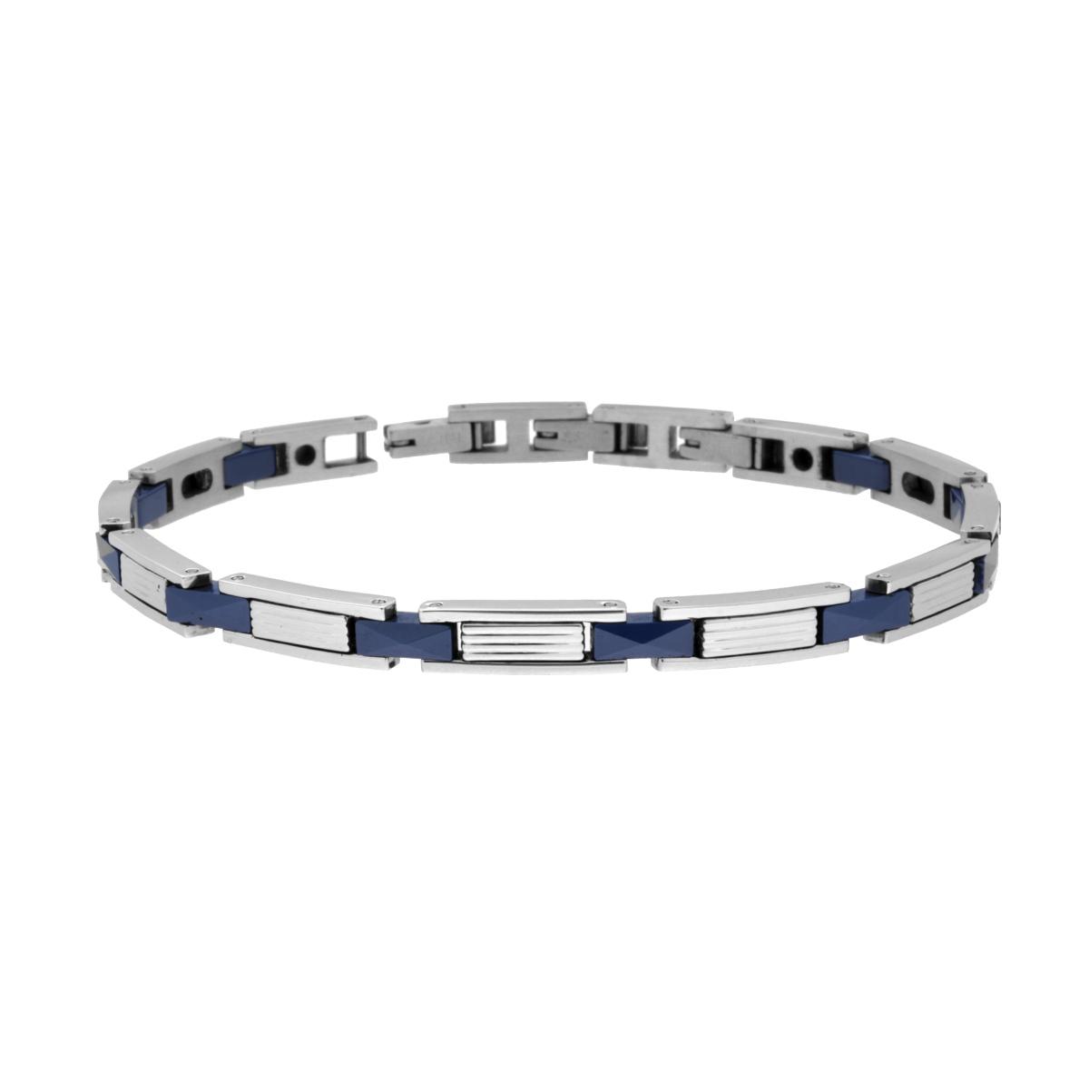Bracciale Uomo Maglia Imperniata con Ceramica Blu Bugnata in ACCIAIO