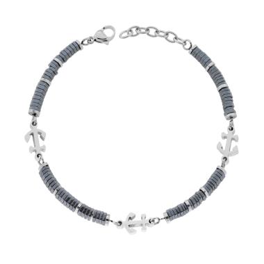 Bracciale Uomo Catena di Bulloncini in Ceramica Antracite e Ancore in ACCIAIO