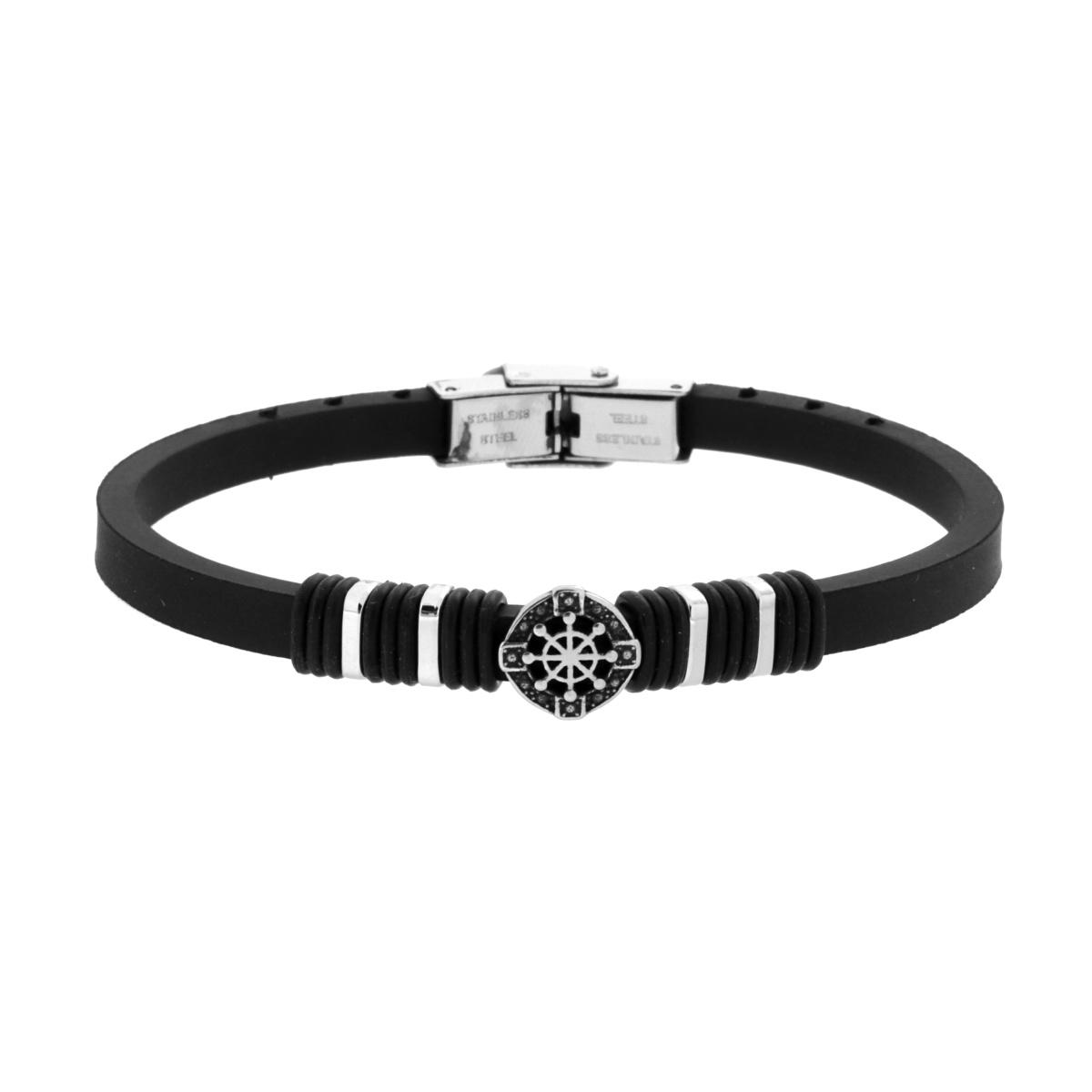 Bracciale Uomo in Caucciu PVC Nero con Timone e Accessori in ACCIAIO