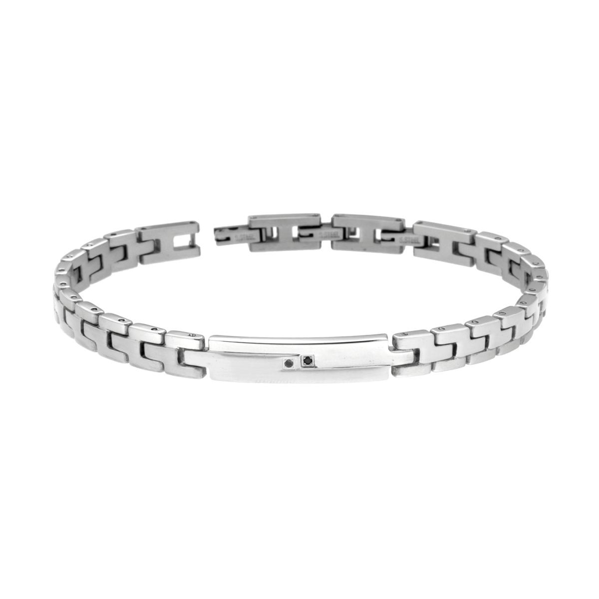 Bracciale Uomo Maglia Imperniata con Targa e Crystal Neri in ACCIAIO