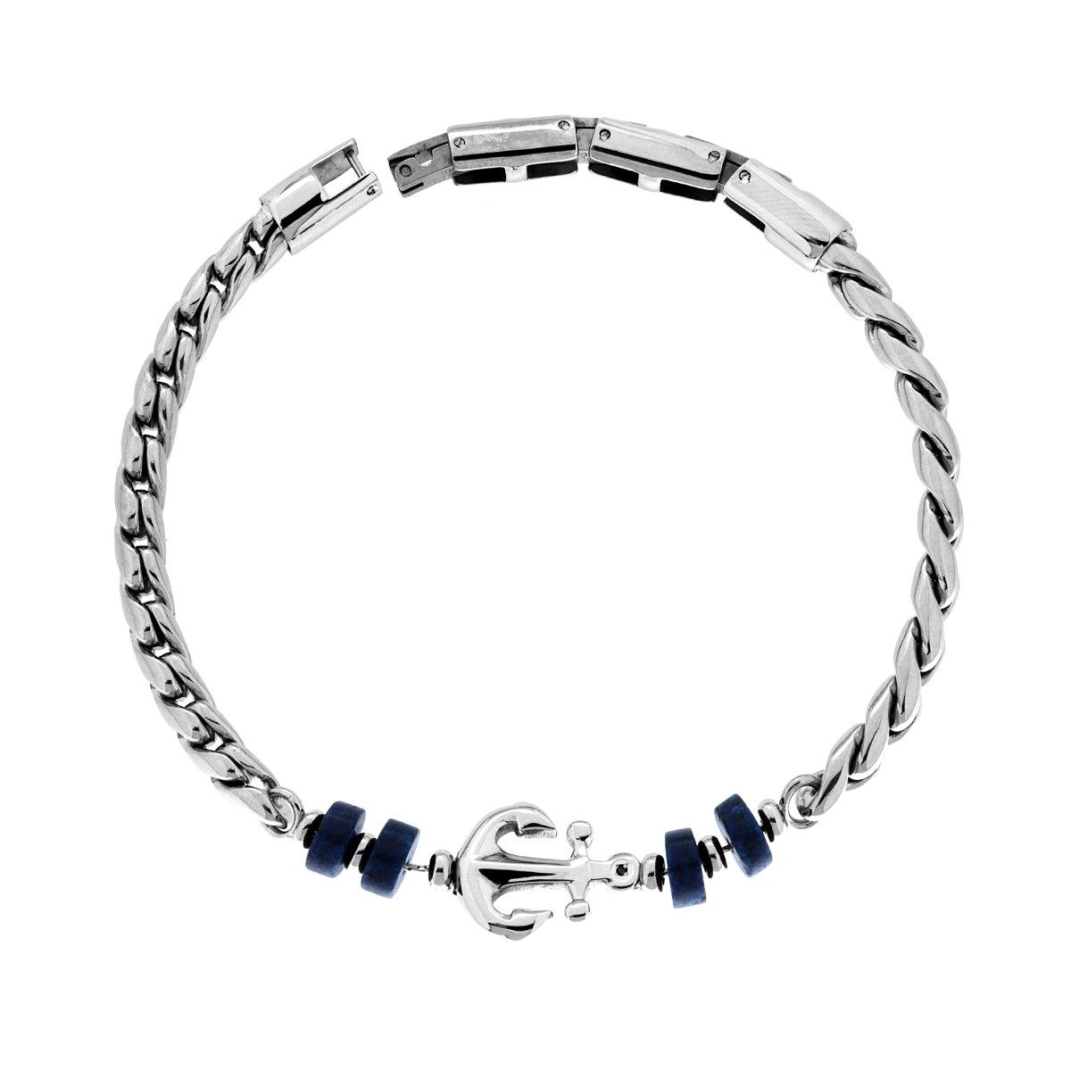 Bracciale Uomo Catena con Pietre Blu Lapislazzuli e Ancora in ACCIAIO