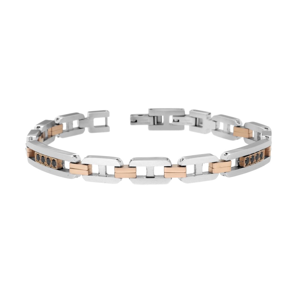 Bracciale Uomo Maglia Imperniata con Targhe dettagli colore Rosa e Crystal Neri in ACCIAIO