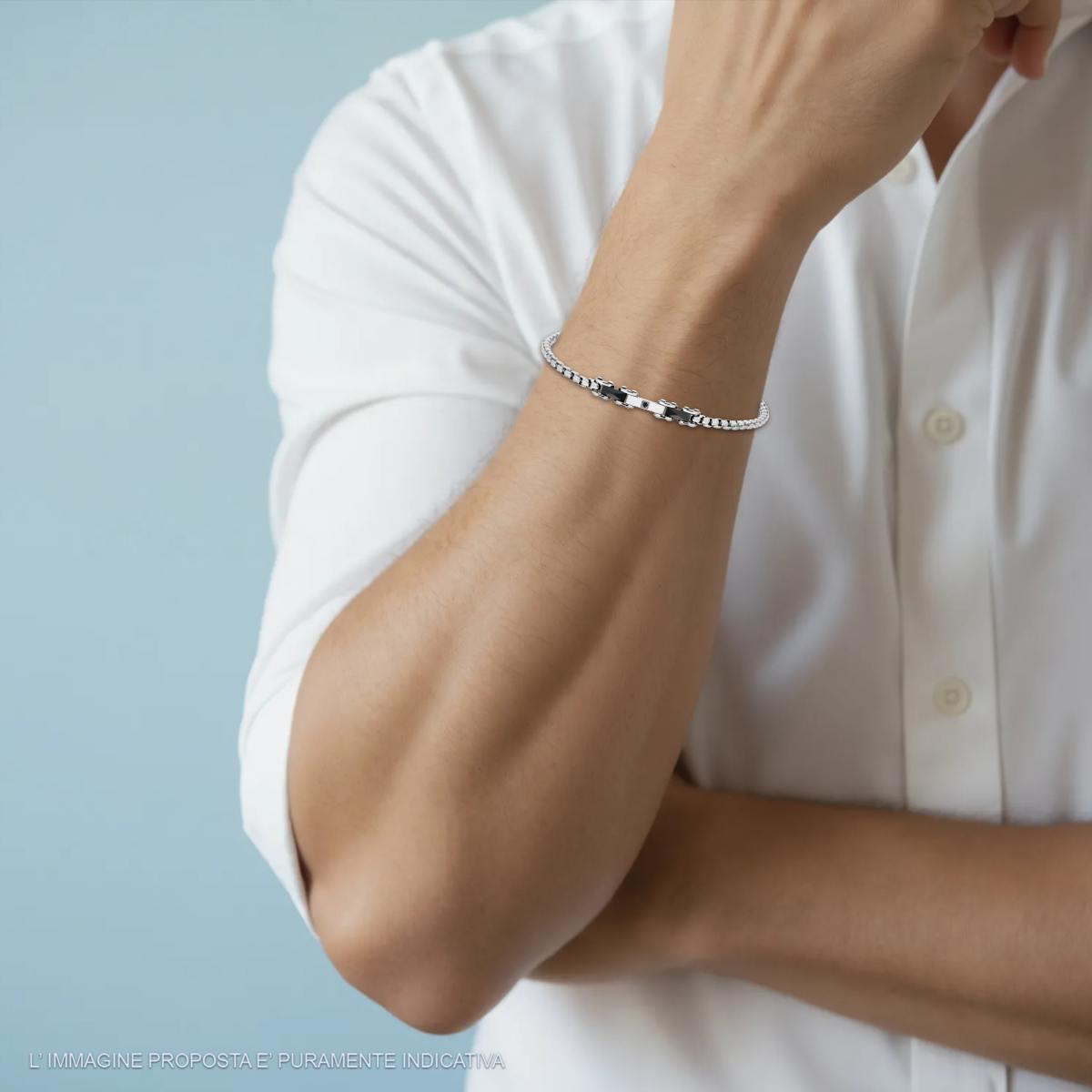 Bracciale Uomo Maglia Imperniata con Catena Veneziana Ceramica Nera e Crystal Nero in ACCIAIO