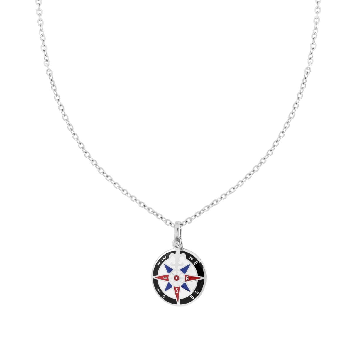 Collana Catena Forzatina Diamantata con Tondo Smalto Multicolor e Rosa dei Venti in ACCIAIO