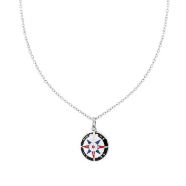 Collana Catena Forzatina Diamantata con Tondo Smalto Multicolor e Rosa dei Venti in ACCIAIO