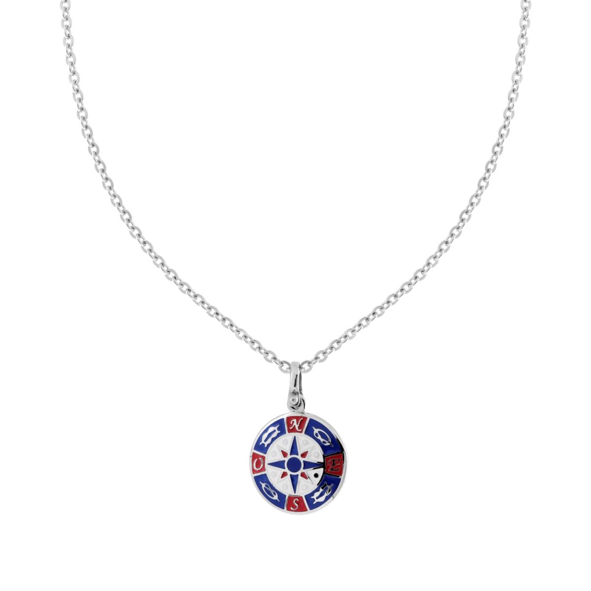 Collana Catena Forzatina Diamantata con Tondo Smalto Multicolor e Rosa dei Venti in ACCIAIO