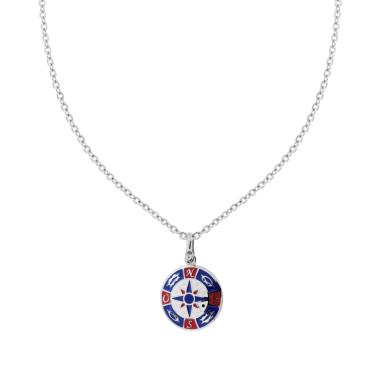 Collana Catena Forzatina Diamantata con Tondo Smalto Multicolor e Rosa dei Venti in ACCIAIO