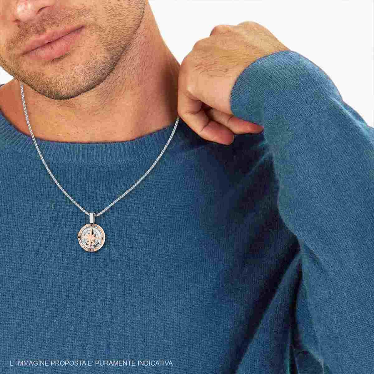 Collana Catena Veneziana Tonda con Rosa dei Venti colore Rosa e Crystal Neri in ACCIAIO