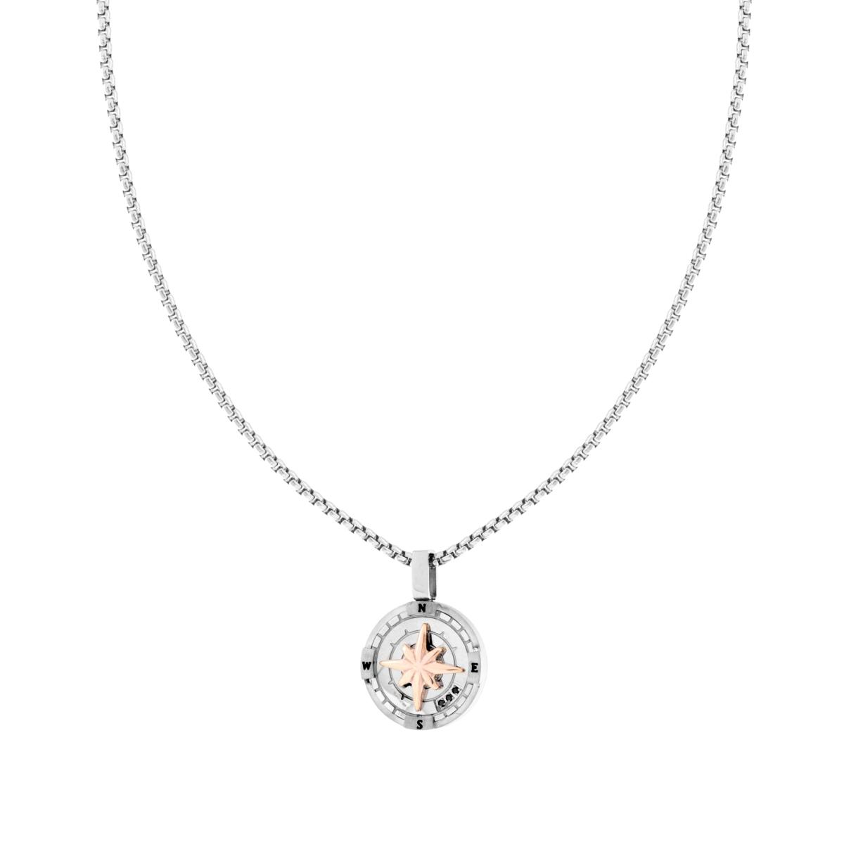 Collana Catena Veneziana Tonda con Rosa dei Venti colore Rosa e Crystal Neri in ACCIAIO