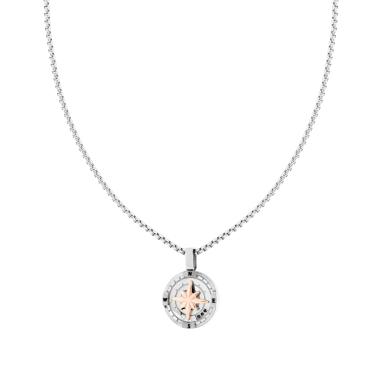 Collana Catena Veneziana Tonda con Rosa dei Venti colore Rosa e Crystal Neri in ACCIAIO