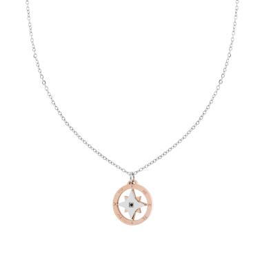 Collana Catena Forzatina Diamantata con Rosa dei Venti colore Rosa con Crystal Nero in ACCIAIO