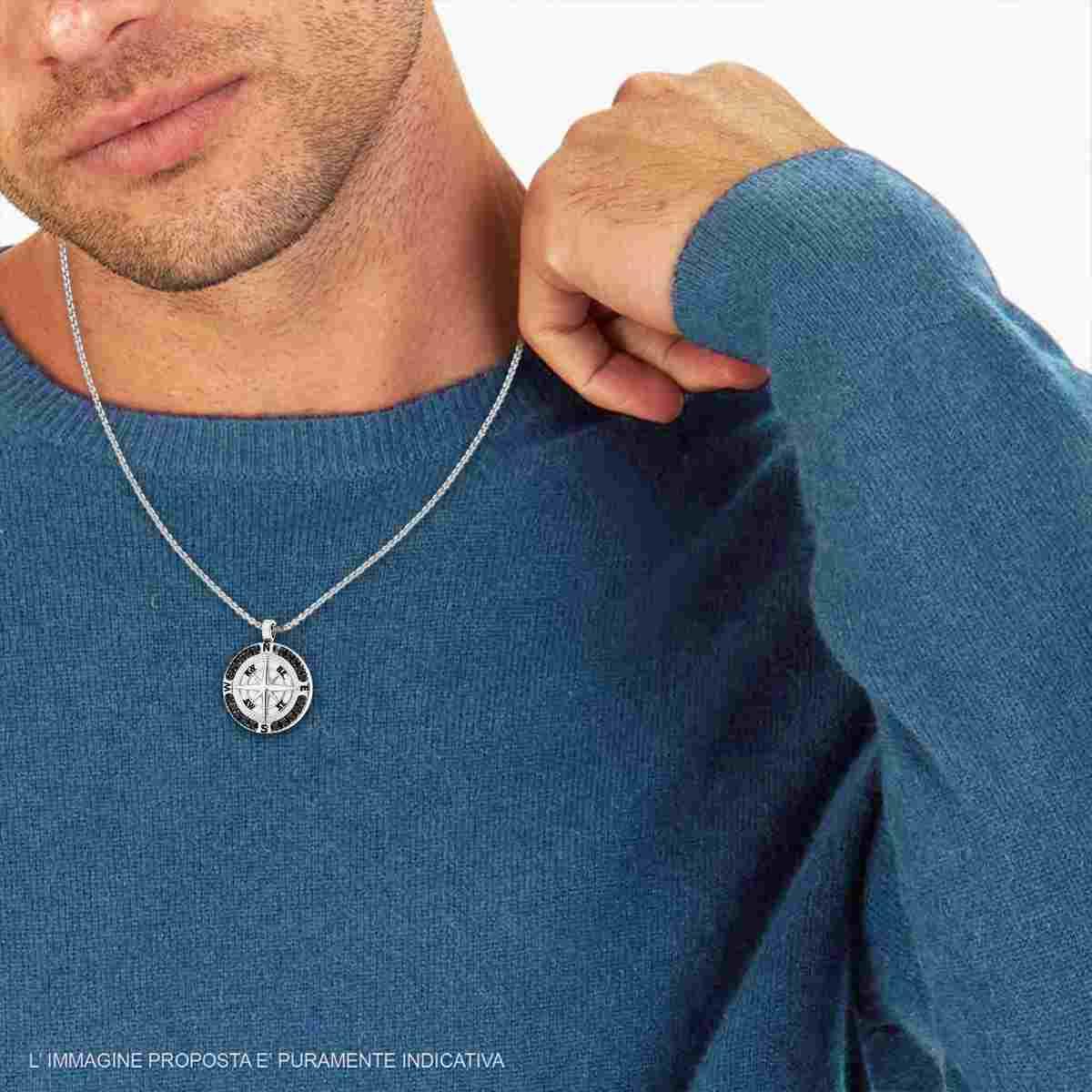 Collana Catena Veneziana Tonda con Rosa dei Venti e Crystal Neri in ACCIAIO