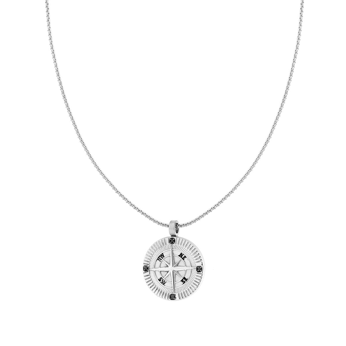 Collana Catena Veneziana Tonda con Rosa dei Venti e Crystal Neri in ACCIAIO