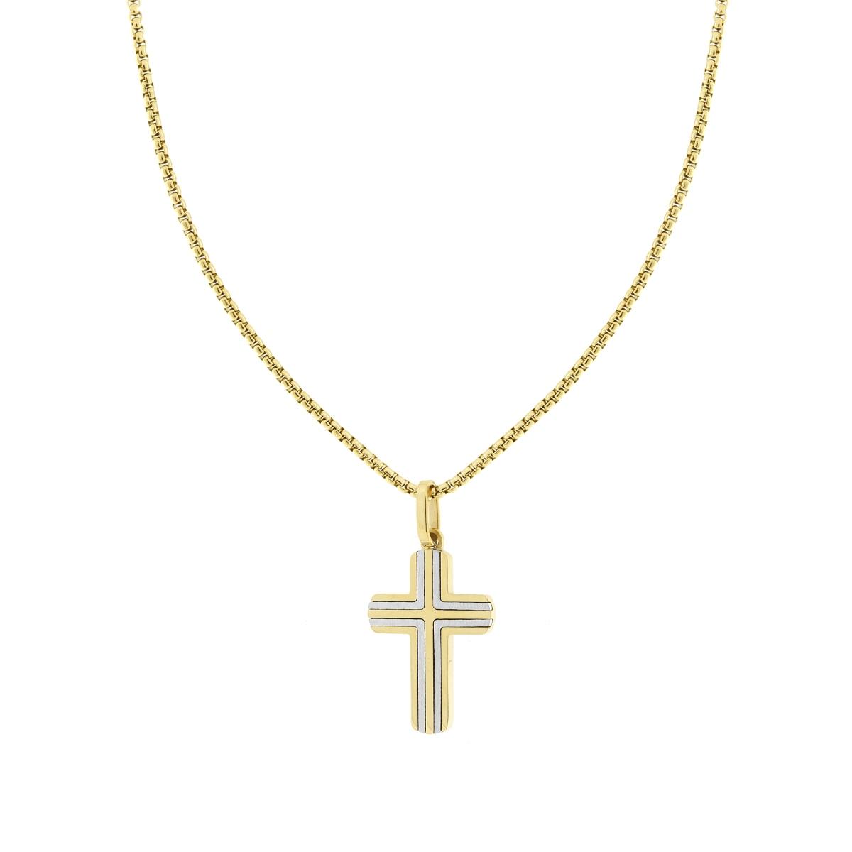 Collana Catena Veneziana Tonda con Croce in ACCIAIO colore Oro