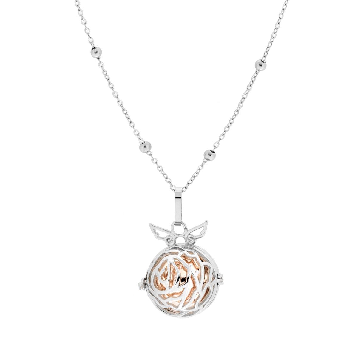 Collana Catena Forzatina con Palline e Chiama Angeli con Angelo e Sonaglio Rosa in ACCIAIO