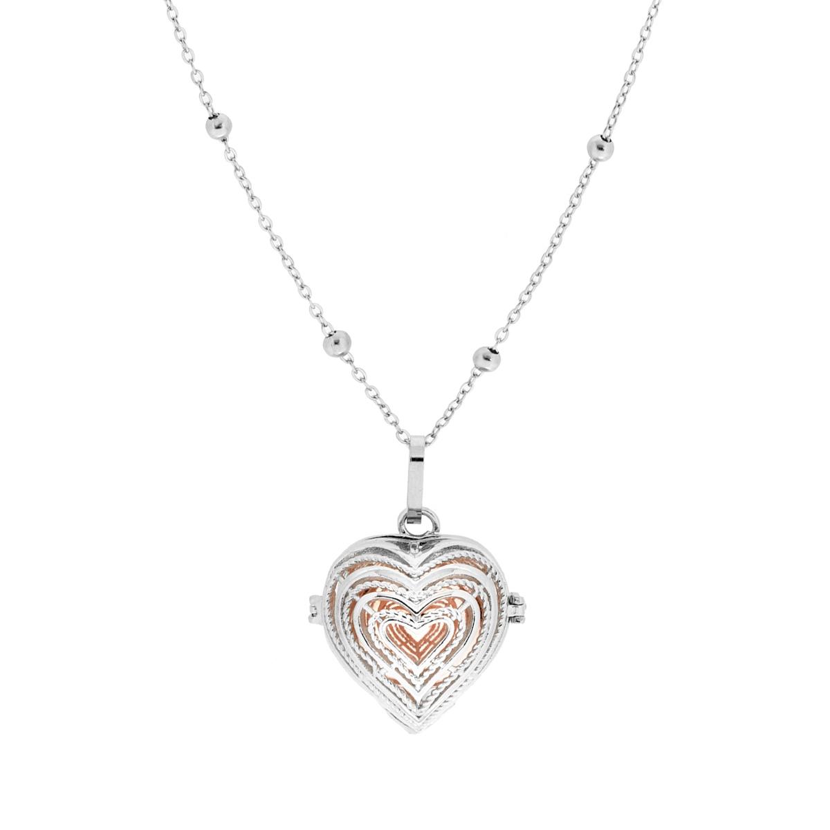 Collana Catena Forzatina con Palline e Chiama Angeli Cuore e Sonaglio Rosa in ACCIAIO