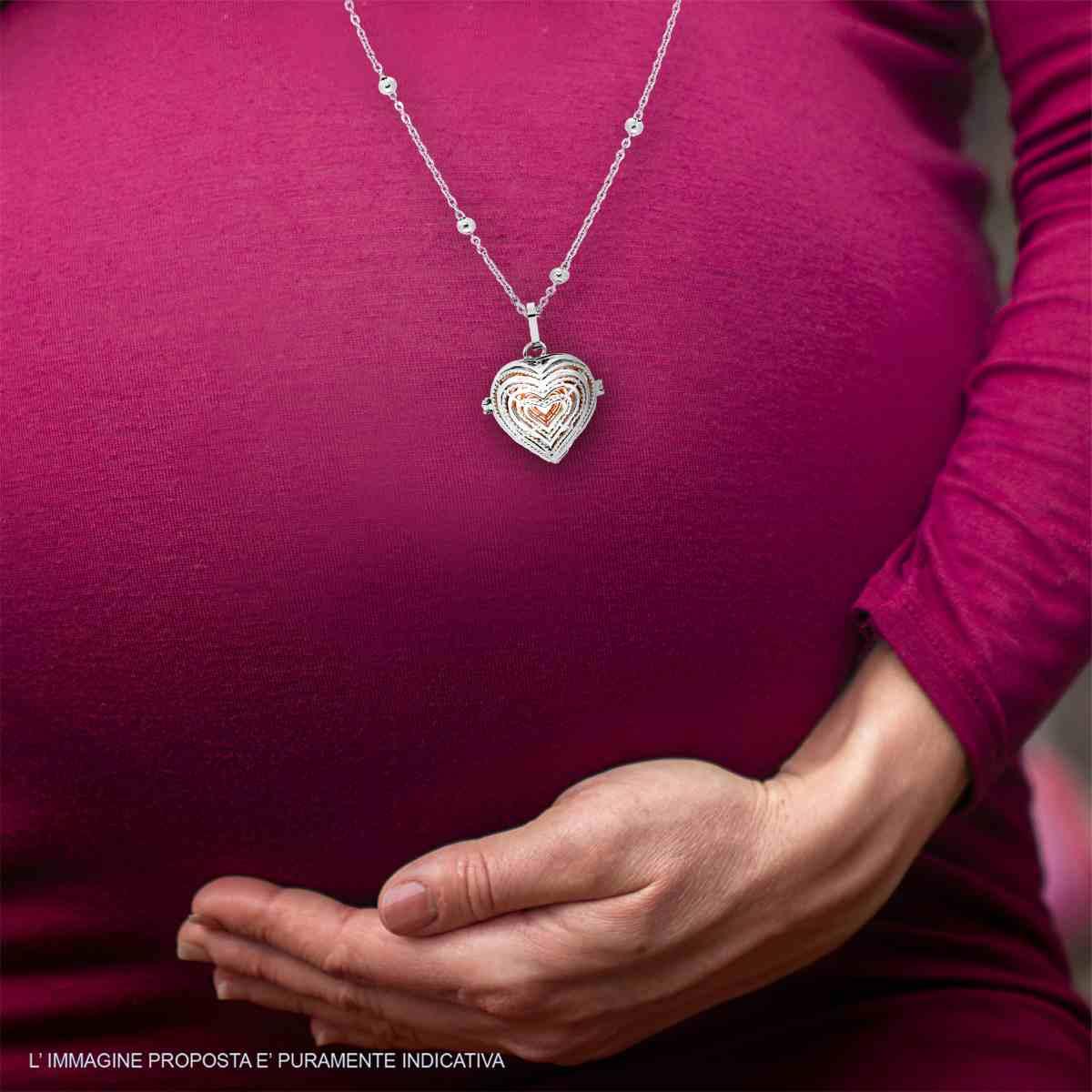 Collana Catena Forzatina con Palline e Chiama Angeli Cuore e Sonaglio Rosa in ACCIAIO