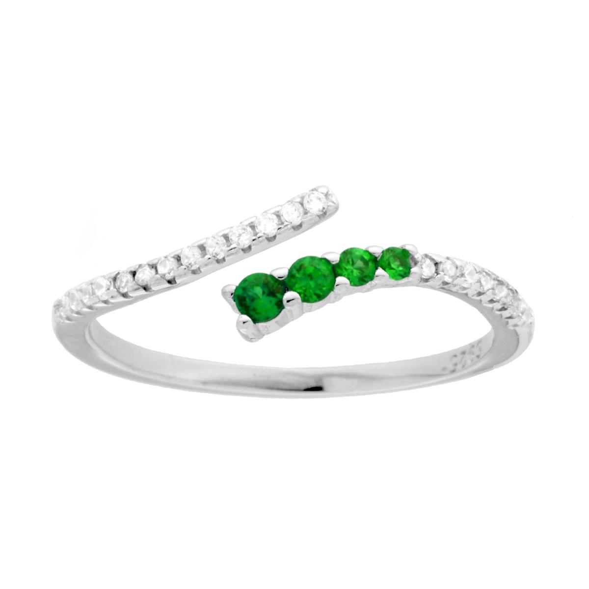 Anello Contrarie con Cubic Zirconia Verde Smeraldo e Bianco in ARGENTO 925 Galvanica Rodio