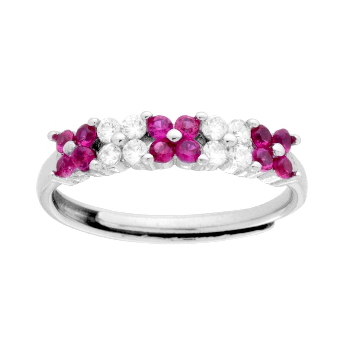 Anello Veretta Fiori con Cubic Zirconia Rosso Rubino e Bianchi in ARGENTO 925 Galvanica Rodio