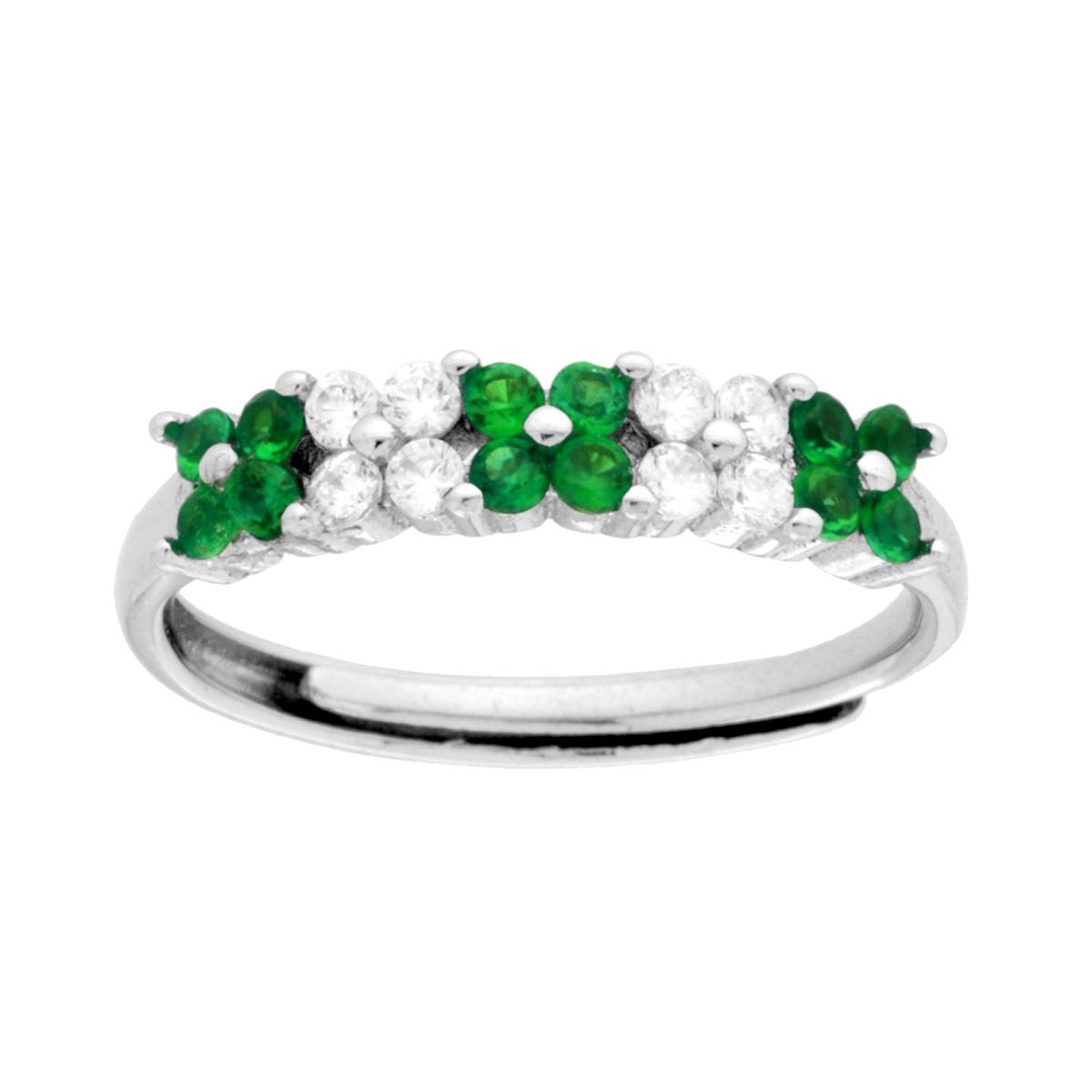 Anello Veretta Fiori con Cubic Zirconia Verde Smeraldo e Bianchi in ARGENTO 925 Galvanica Rodio