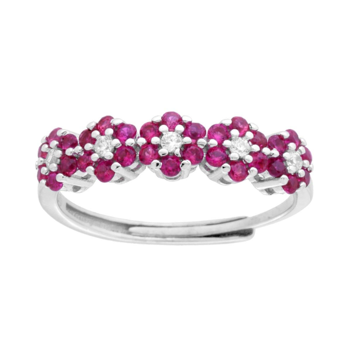 Anello Veretta Fiori con Cubic Zirconia Rosso Rubino e Bianchi in ARGENTO 925 Galvanica Rodio