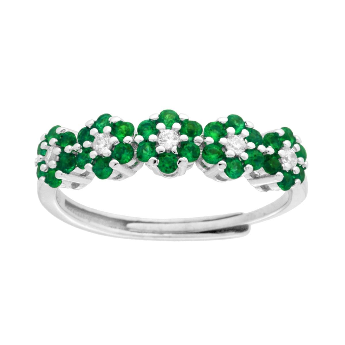 Anello Veretta Fiori con Cubic Zirconia Verde Smeraldo e Bianchi in ARGENTO 925 Galvanica Rodio