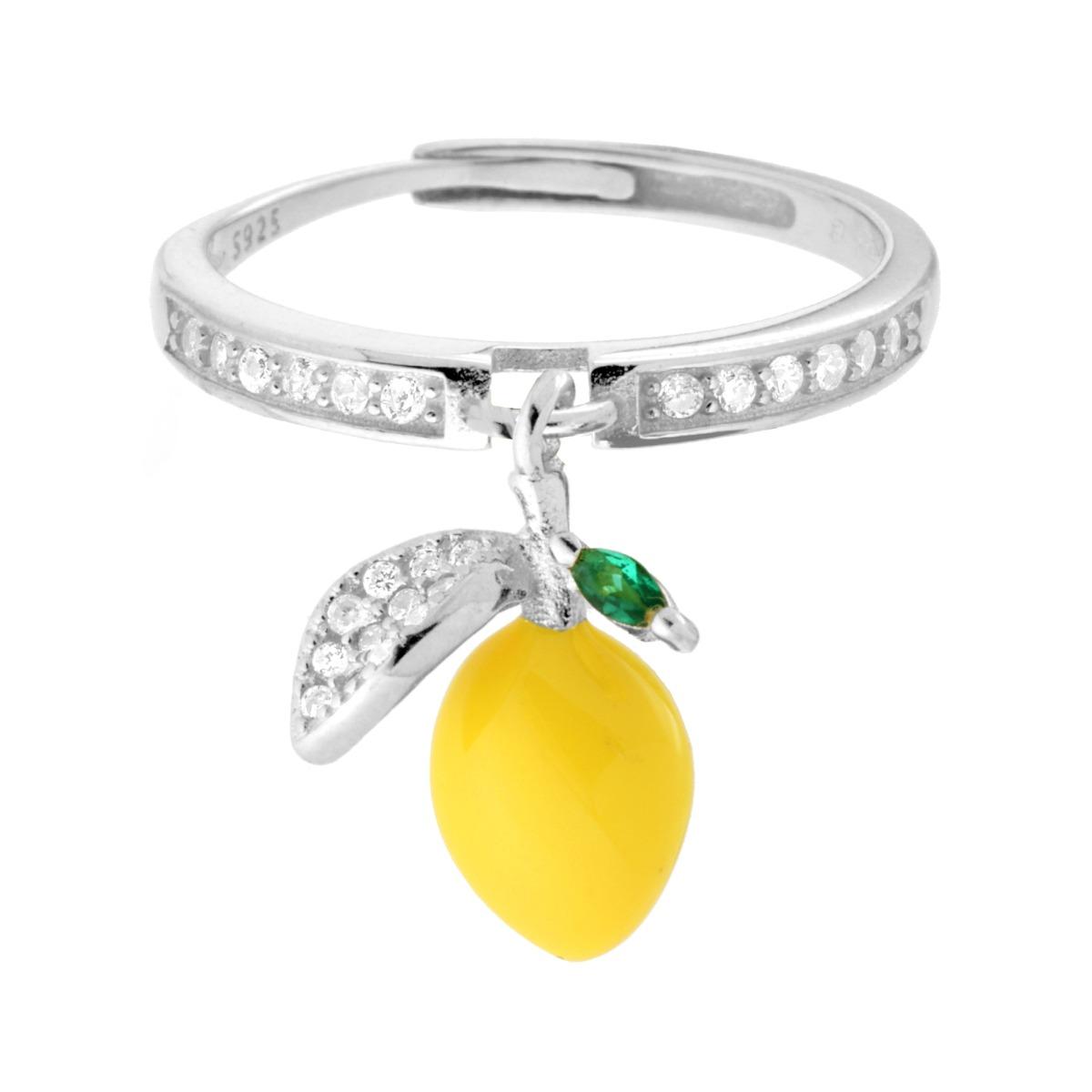 Anello Limone pendente Smalto Giallo con Cubic Zirconia Bianchi in ARGENTO 925 Galvanica Rodio