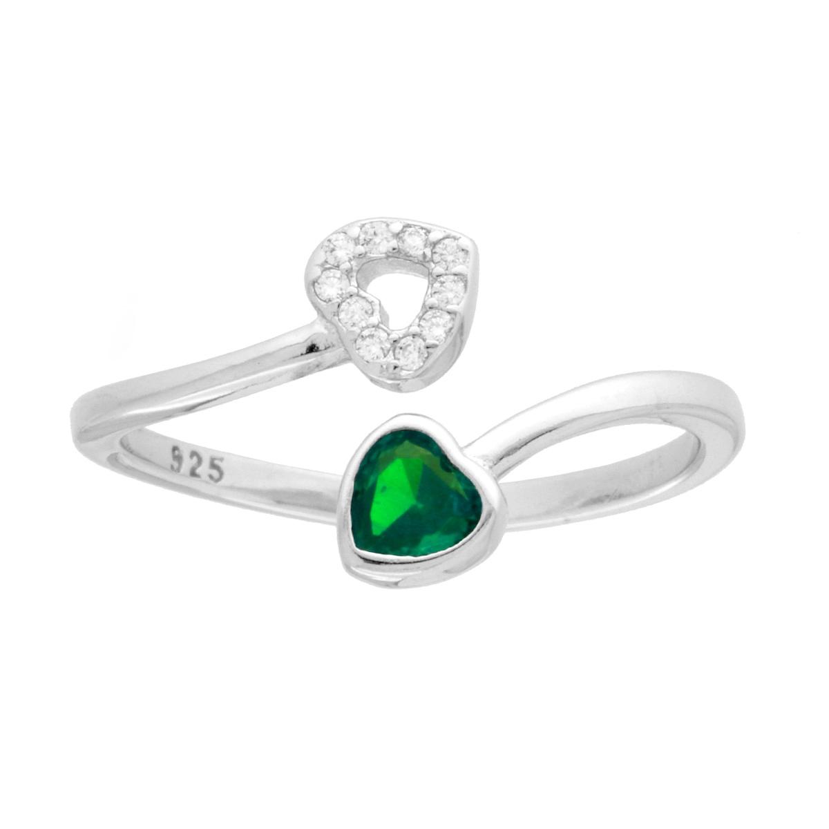 Anello Contrarie Cuori con Cubic Zirconia Verde Smeraldo e Bianco in ARGENTO 925 Galvanica Rodio