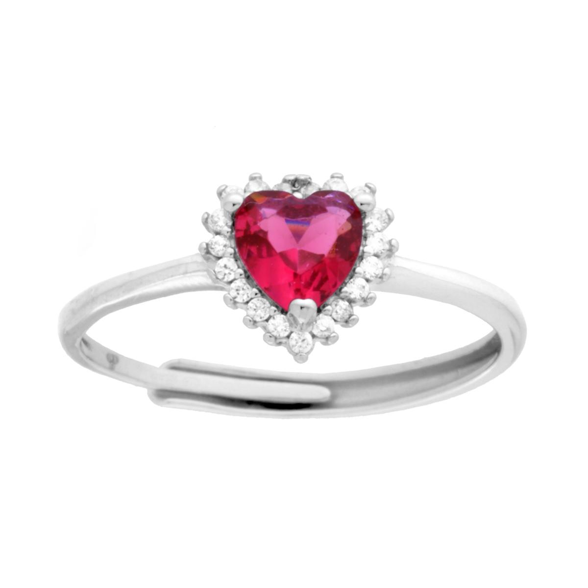 Anello Cuore Rosso Rubino contornato da Cubic Zirconia Bianchi in ARGENTO 925 Galvanica Rodio