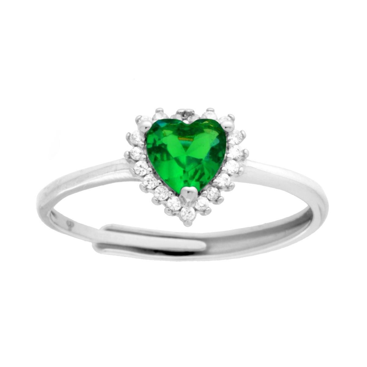 Anello Cuore Verde Smeraldo contornato da Cubic Zirconia Bianchi in ARGENTO 925 Galvanica Rodio