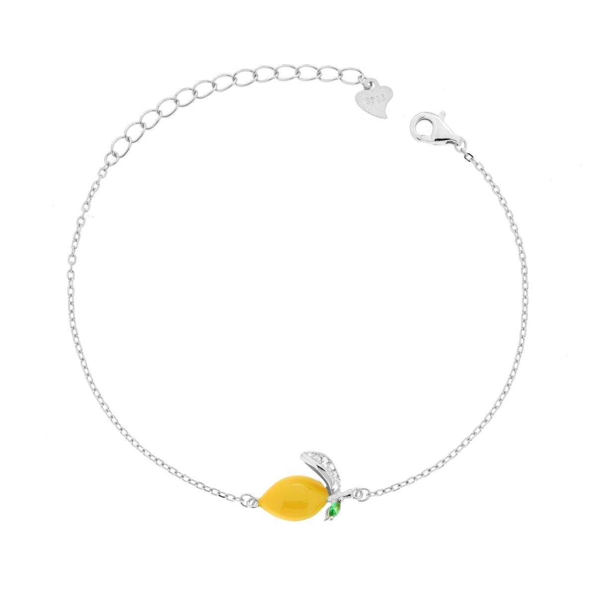 Bracciale Catena Forzatina Diamantata con Limone Smalto Giallo con Cubic Zirconia Bianchi in ARGENTO 925 Galvanica Rodio