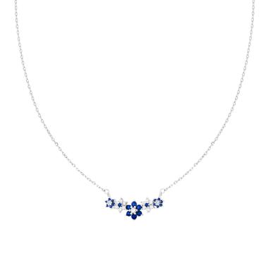Collana Catena Forzatina Diamantata con Centrale Fiori e Cubic Zirconia Blu Zaffiro e Bianchi in ARGENTO 925 Galvanica Rodio
