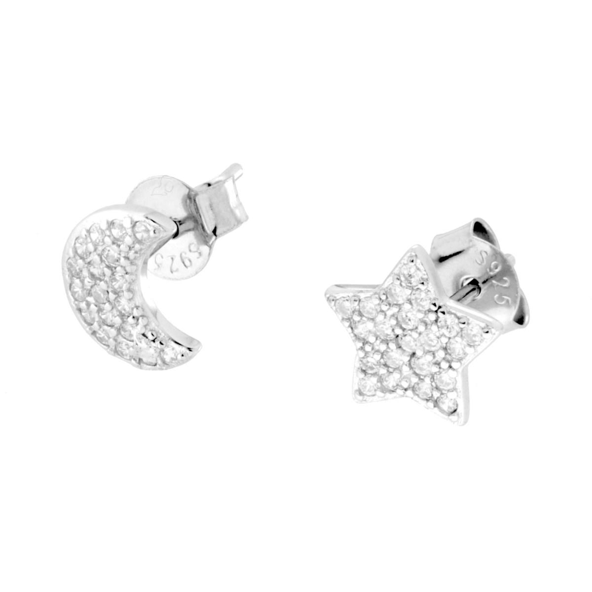 Orecchini Asimmetrici Luna e Stella con Cubic Zirconia Bianchi in ARGENTO 925 Galvanica Rodio