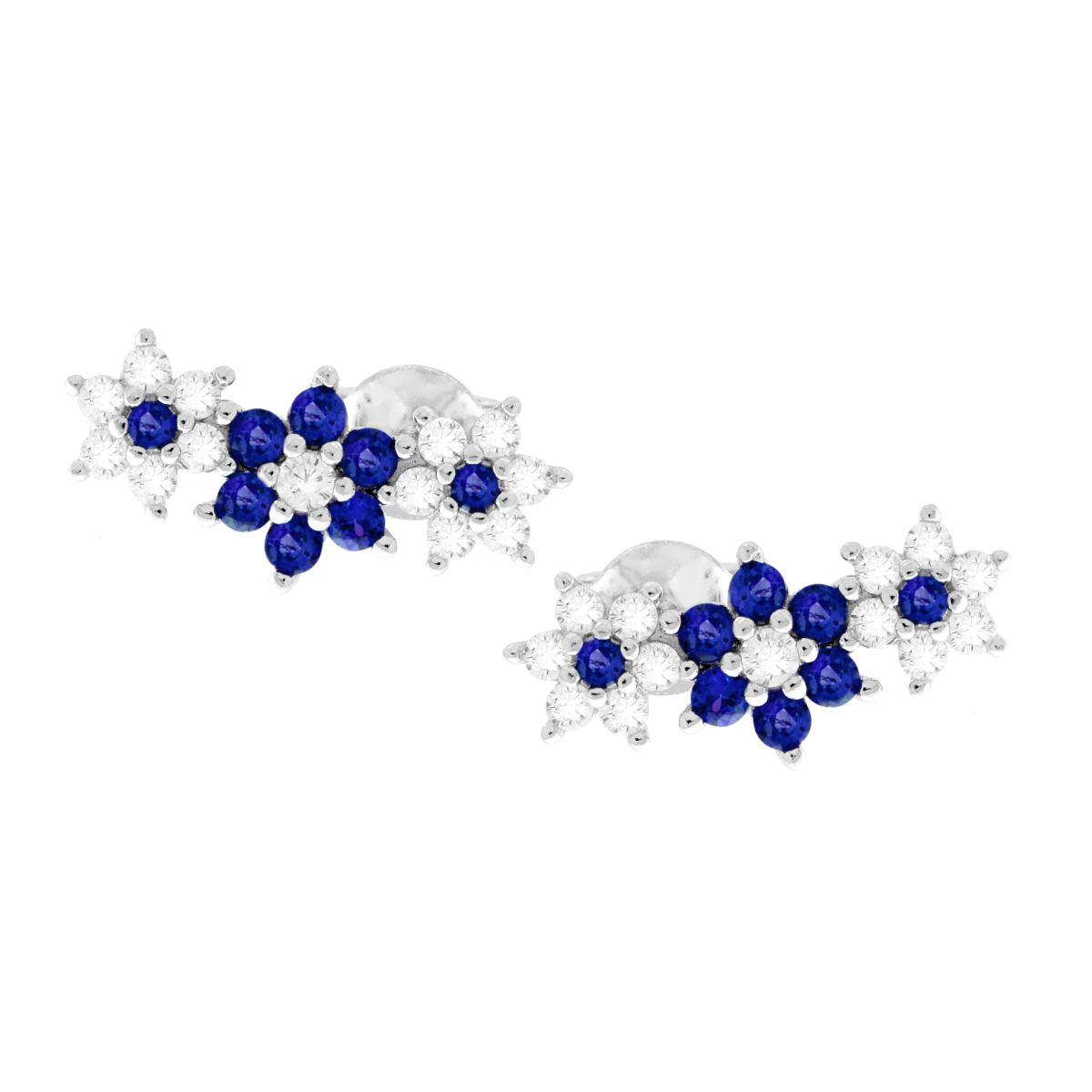 Orecchini Ear Cuff Trilogy Fiori con Cubic Zirconia Blu Zaffiro e Bianchi in ARGENTO 925 Galvanica Rodio