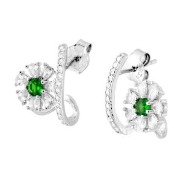 Orecchini Finto Giro Fiore con Cubic Zirconia Verde Smeraldo e Bianchi in ARGENTO 925 Galvanica Rodio