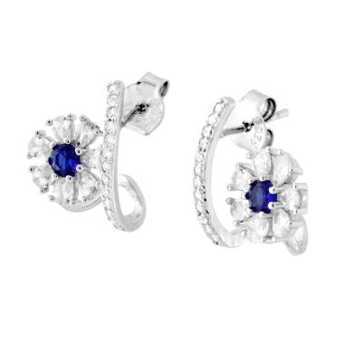 Orecchini Finto Giro Fiore con Cubic Zirconia Blu Zaffiro e Bianchi in ARGENTO 925 Galvanica Rodio