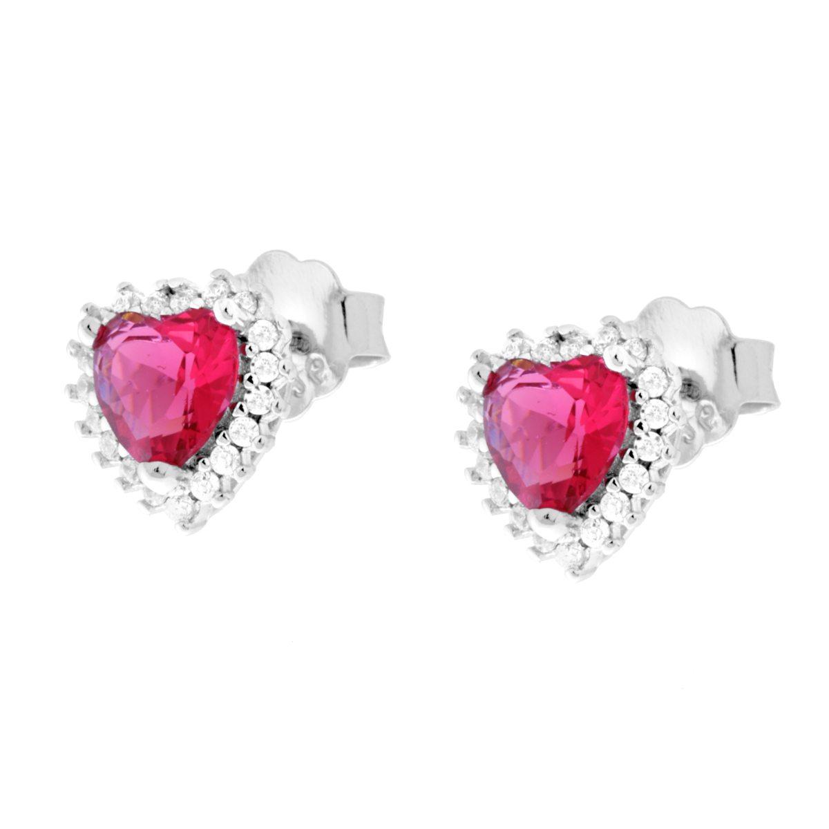 Orecchini Cuore Rosso Rubino contornato da Cubic Zirconia Bianchi in ARGENTO 925 Galvanica Rodio