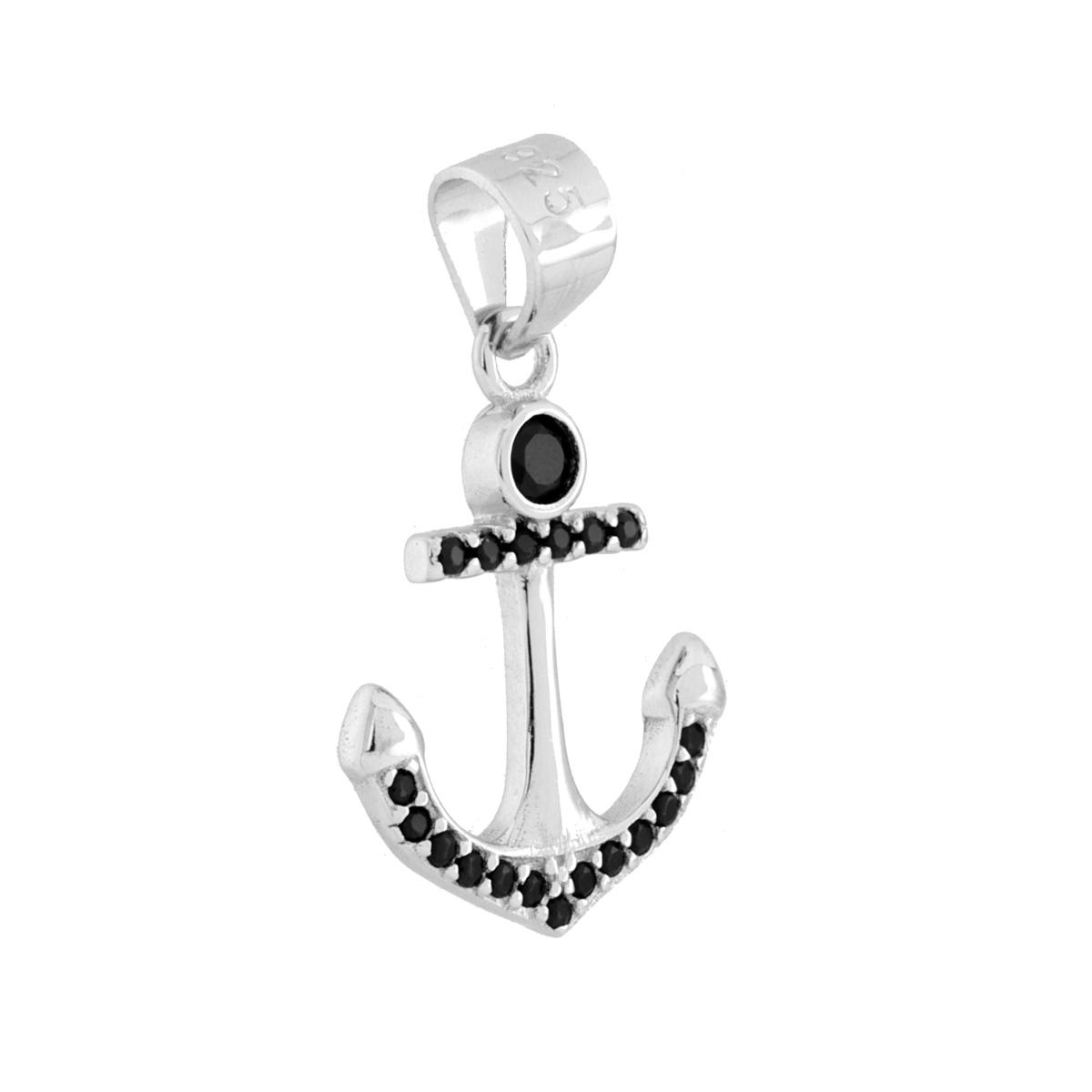 Ciondolo Ancora con Cubic Zirconia Neri in ARGENTO 925 Galvanica Rodio