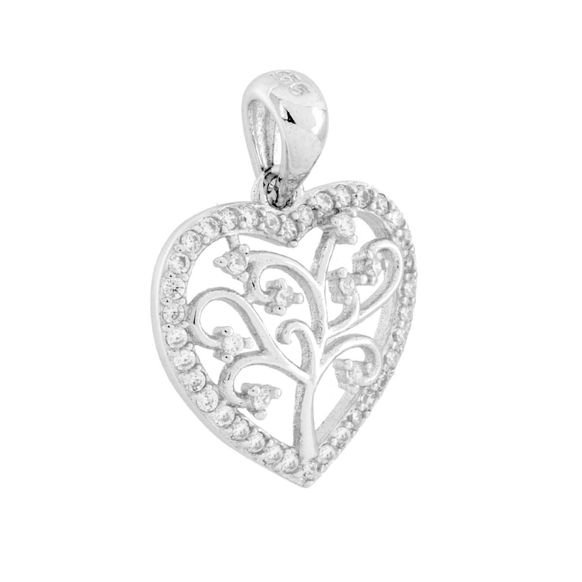 Ciondolo Cuore e Albero della Vita con Cubic Zirconia Bianchi in ARGENTO 925 Galvanica Rodio