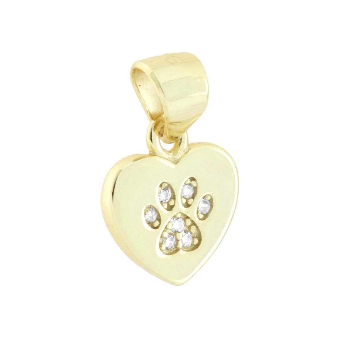 Ciondolo Cuore e Impronta Zampa con Cubic Zirconia Bianchi in ARGENTO 925 Galvanica Oro