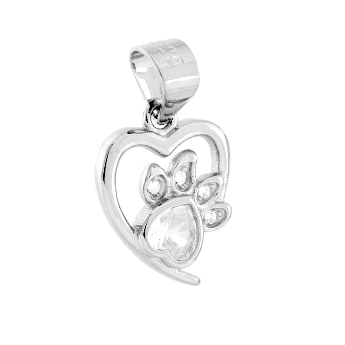 Ciondolo Cuore e Impronta Zampa con Cubic Zirconia Bianchi in ARGENTO 925 Galvanica Rodio