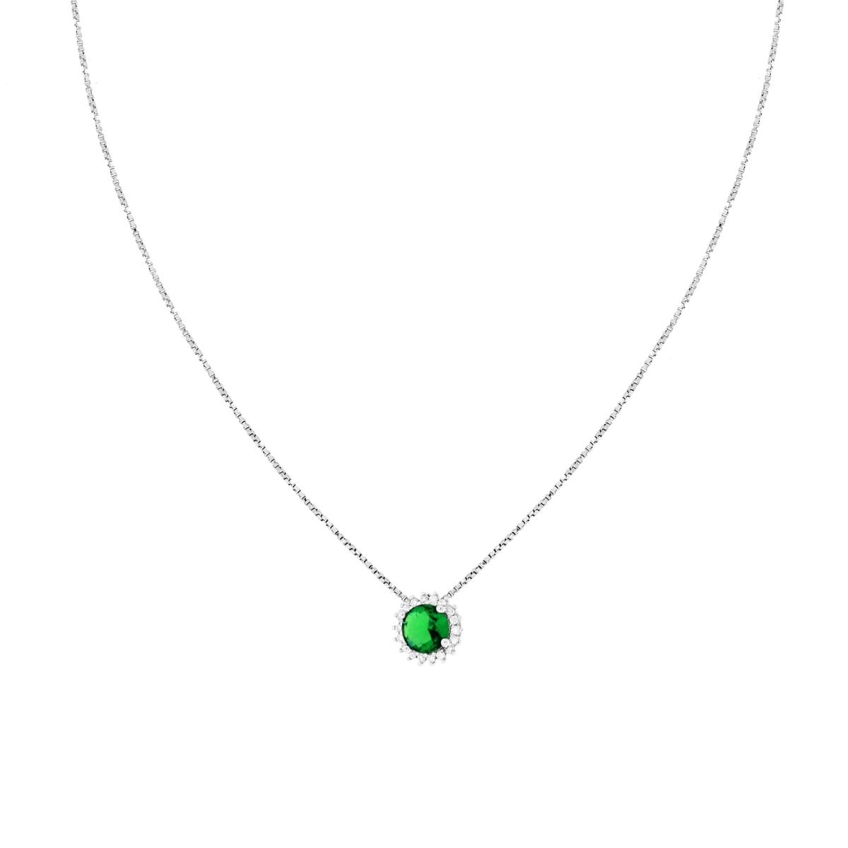 Collana Catena Veneziana Diamantata con Tondo Verde Smeraldo contornato da Cubic Zirconia Bianchi in ARGENTO 925 Galvanica Rodio