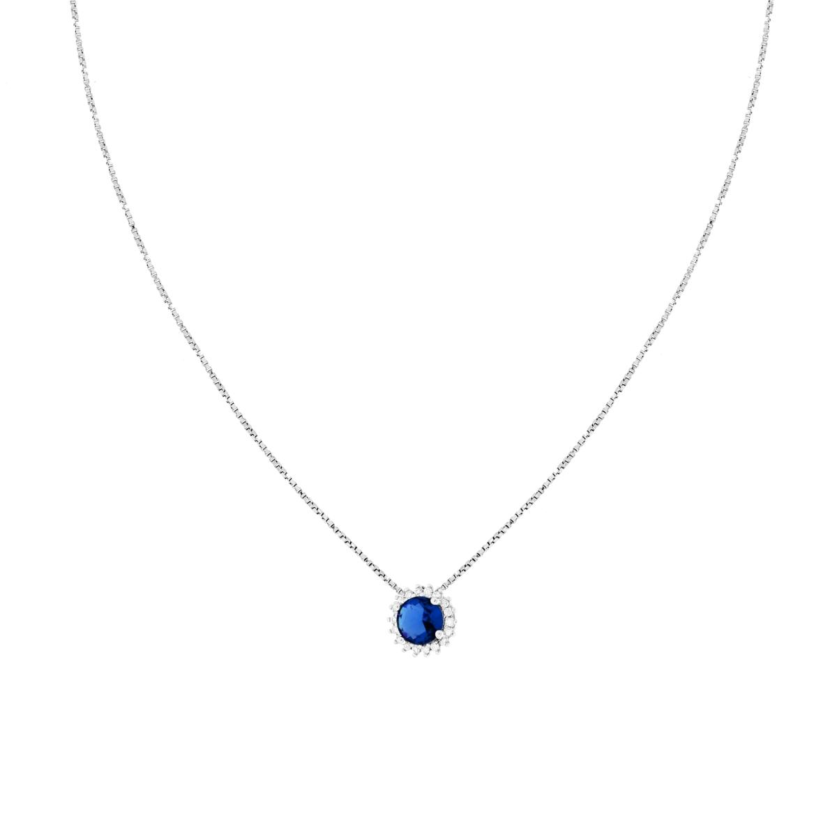 Collana Catena Veneziana Diamantata con Tondo Blu Zaffiro contornato da Cubic Zirconia Bianchi in ARGENTO 925 Galvanica Rodio