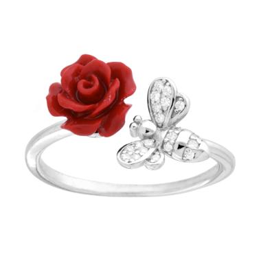 Anello Contrarie con Rosa effetto Corallo Rosso e Ape con Cubic Zirconia Bianchi in ARGENTO 925 Galvanica Rodio