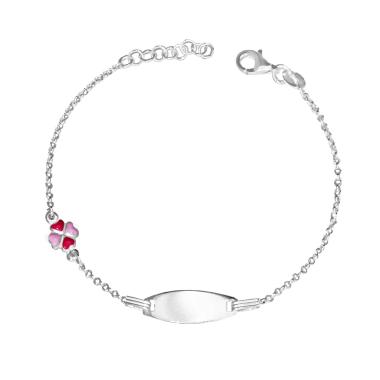 Bracciale Bimbo Bimba con Catena Rolo e Targhetta plain cm 16+2 con Quadrifoglio smalto Rosa in ARGENTO 925