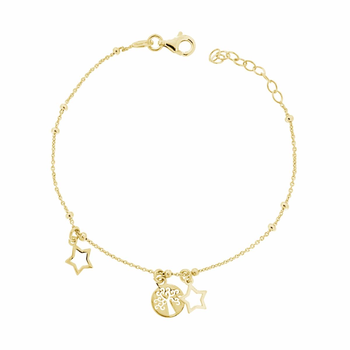 Bracciale Catena Forzatina con Palline Albero della Vita e Stelle in ARGENTO 925 Galvanica Oro