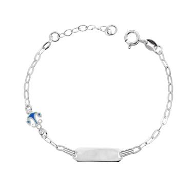 Bracciale Targa Bimbo Bimba Catena Forzatina Diamantata e Ancora con smalto Azzurro in ARGENTO 925 Galvanica Rodio