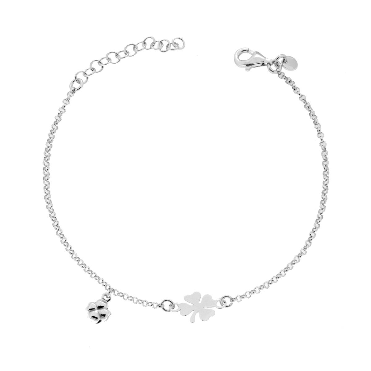 Bracciale Catena Rolo Diamantata con Quadrifogli in ARGENTO 925 Galvanica Rodio